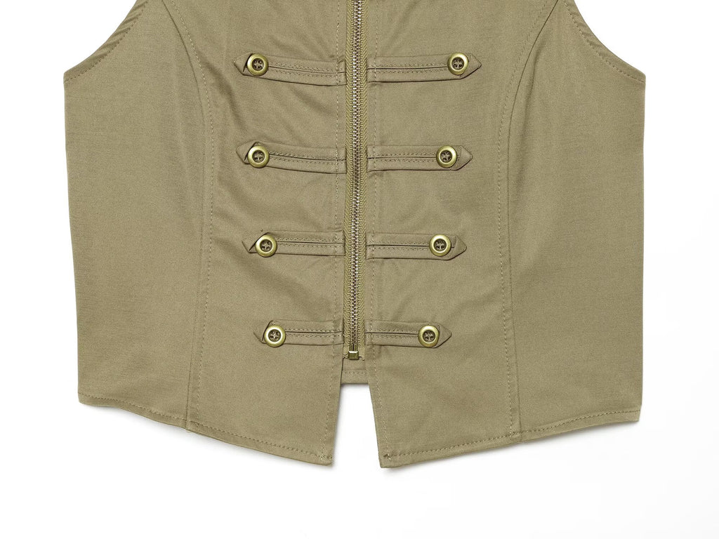 suit Women's 2 pieces buckle decoration short zipper vest+shorts