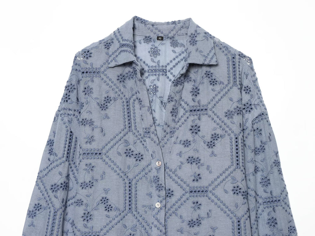 Women's hollowed out embroidered lapel shirt