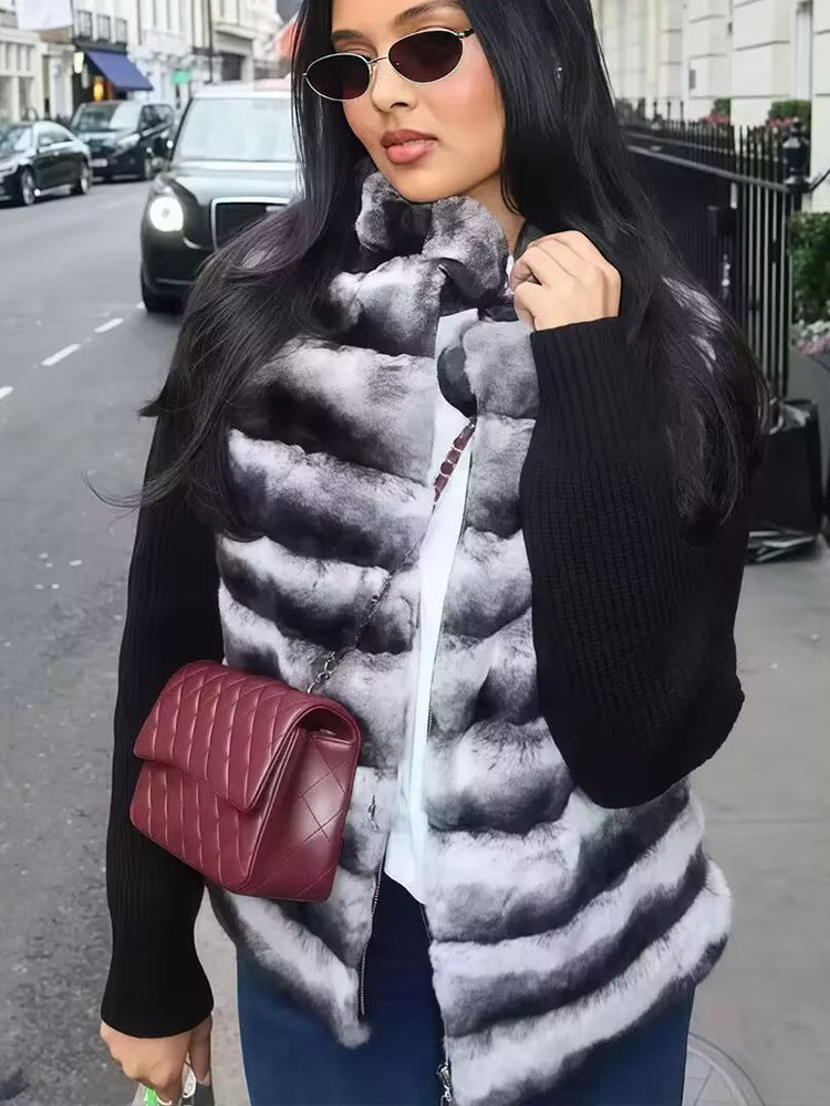 Women's faux fur effect spliced knitted sleeve Coat