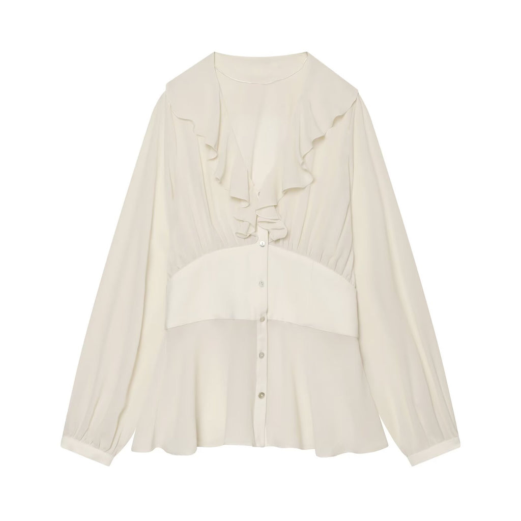 Women's waist cinching layered decorative V-neck shirt