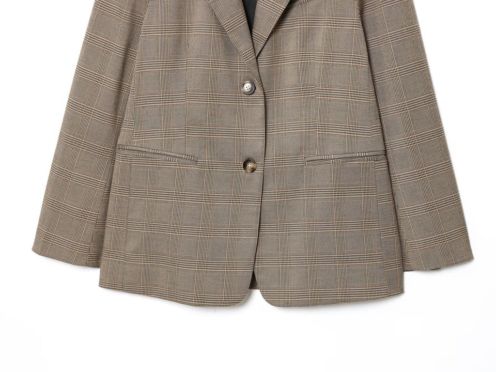 Women's new fashion loose single breasted linen blended plaid suit jacket
