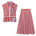 suit Women's 2 pieces bow decoration striped shirt+skirt
