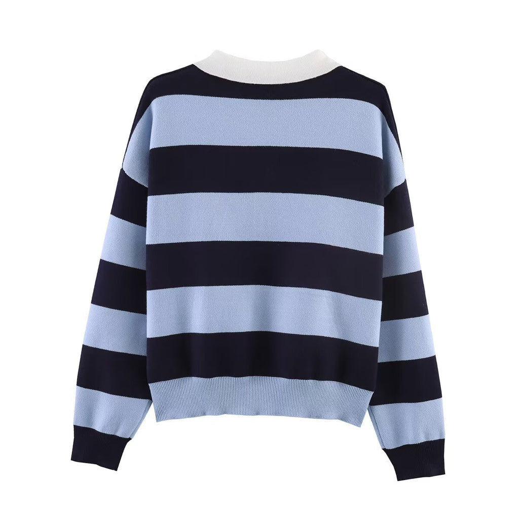 Women's striped polo shirt collar knit sweater
