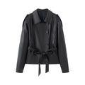 Women's with belt faux leather windbreaker Coat