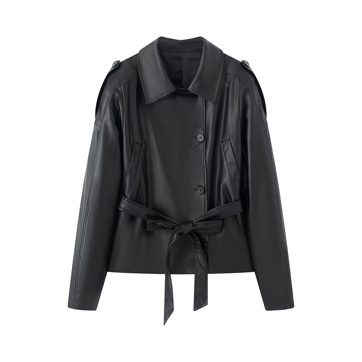 Women's with belt faux leather windbreaker Coat