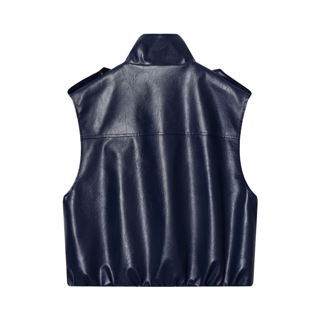 suit Women's 2 pieces leather effect sleeveless stand collar top+Skirts