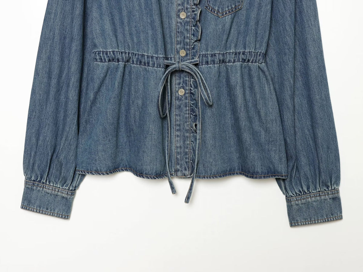 Women's ruffled waistband decorative denim shirt