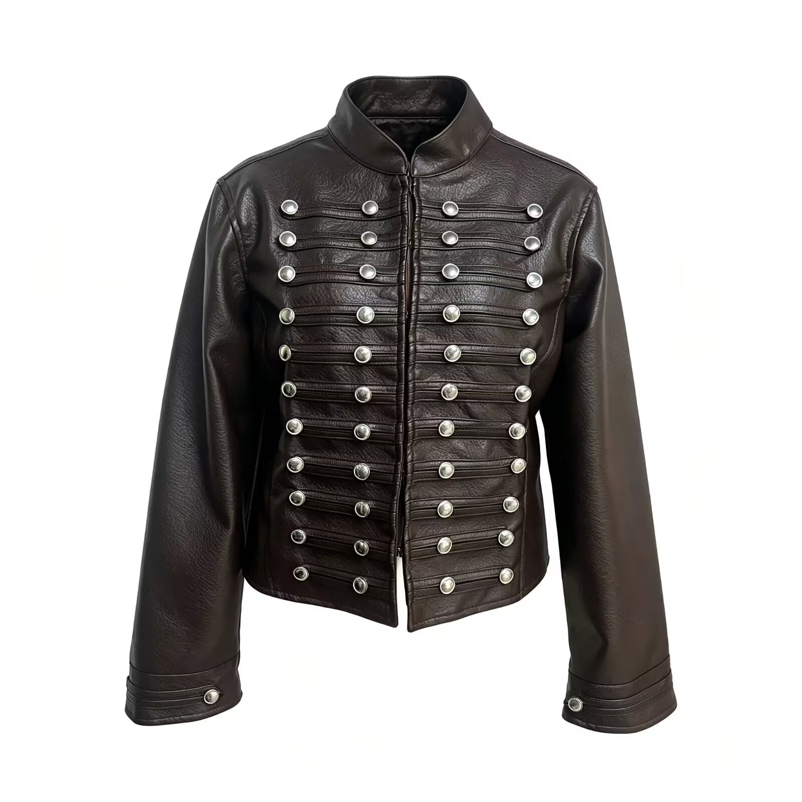 Women's button decoration short Faux Leather jacket Coat