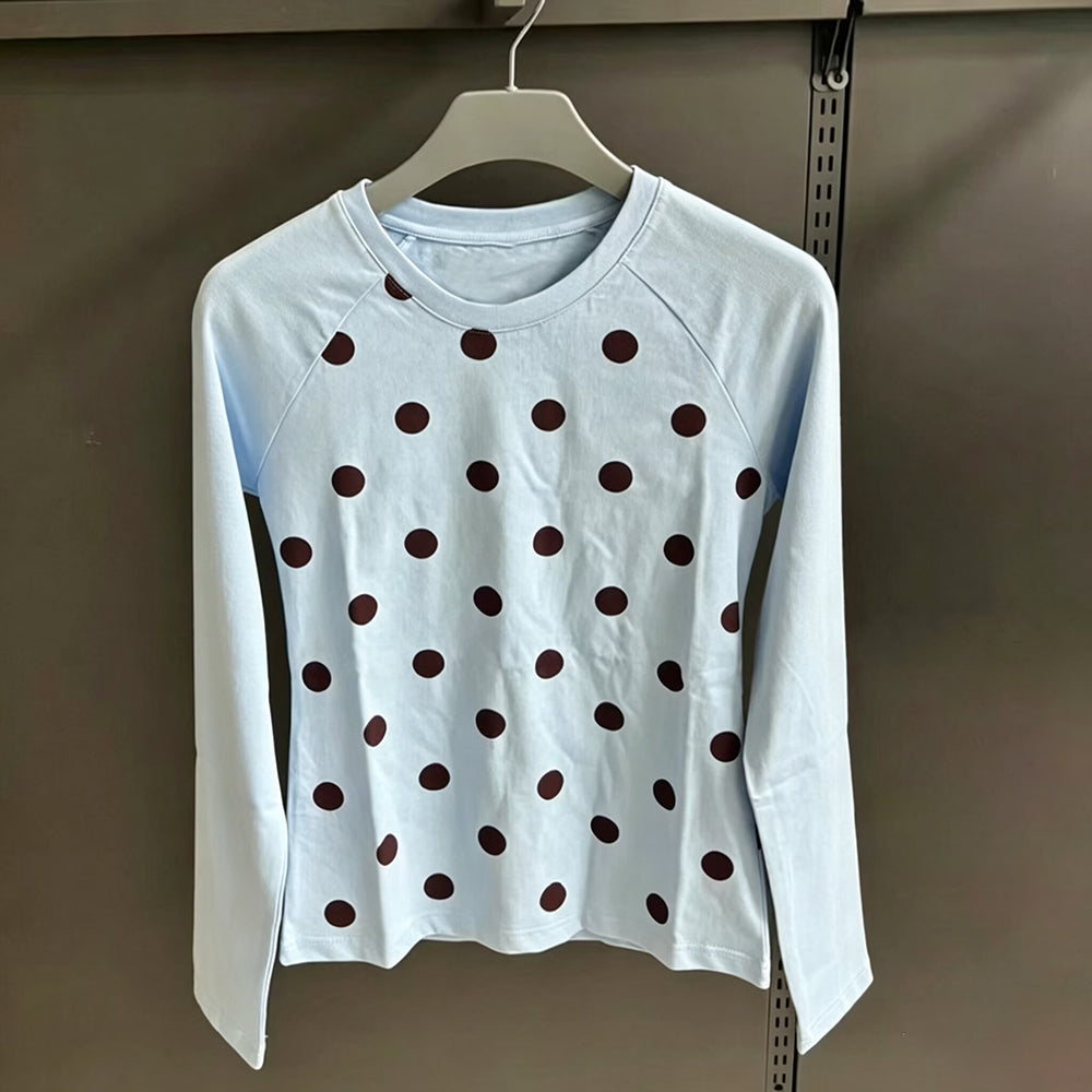 Women's new polka-dot long-sleeved O-neck T-shirt