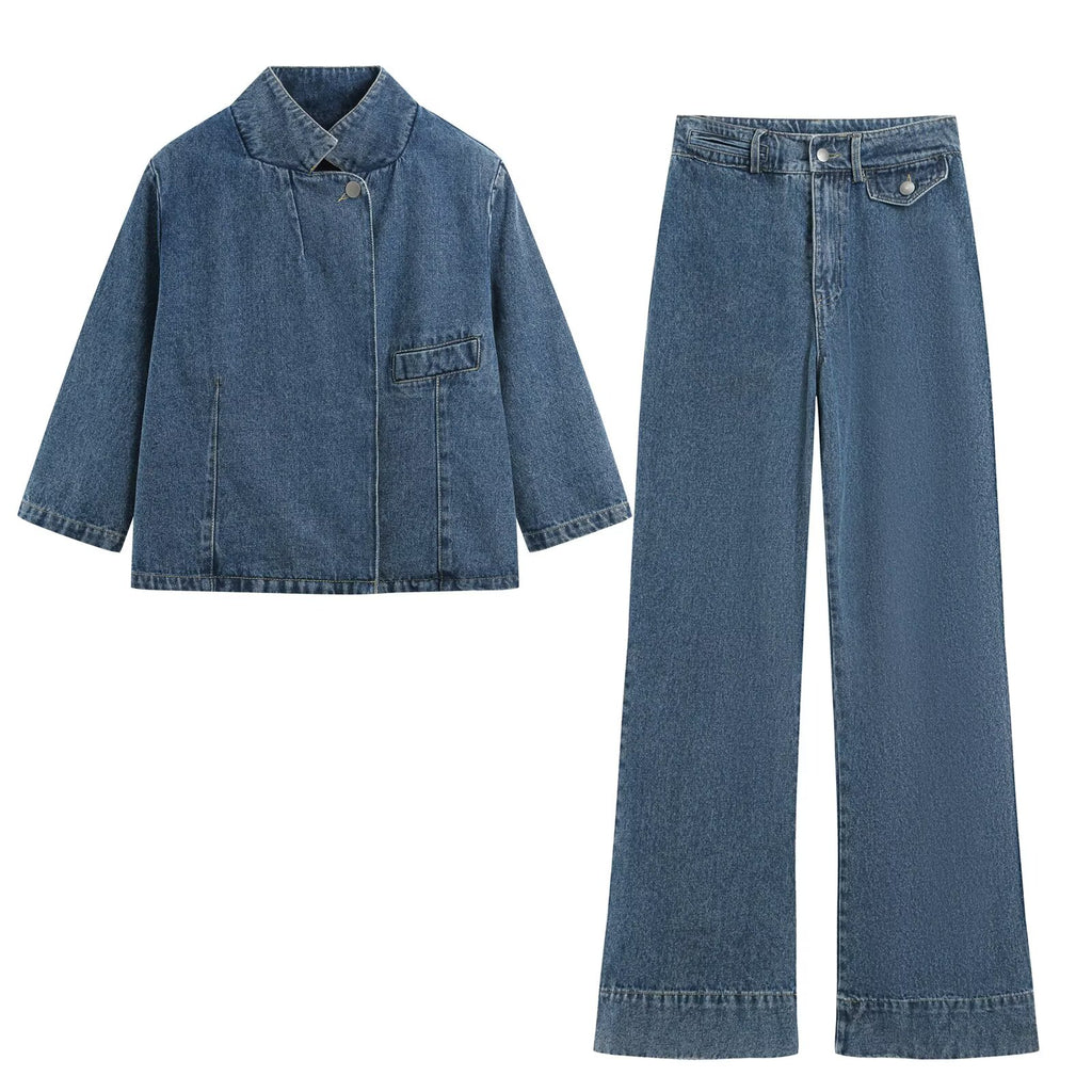 suit Women's 2 pieces short denim Blazer Coat +high waisted flared jeans