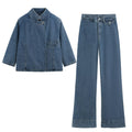 suit Women's 2 pieces short denim Blazer Coat +high waisted flared jeans