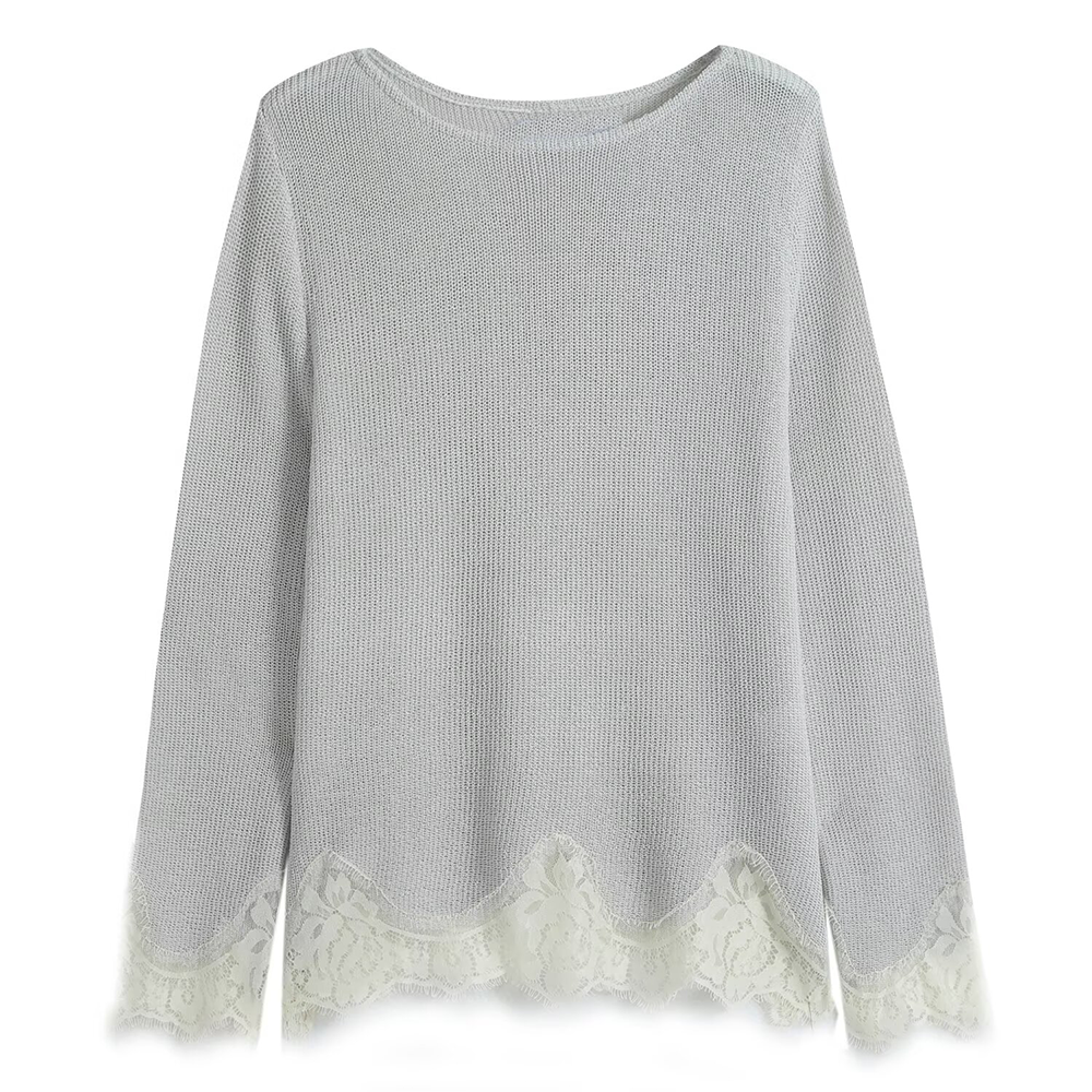 suit Women's 2 pieces lace O Neck long sleeved knitted top+Shorts