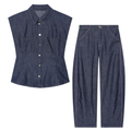 suit Women's 2 pieces casual Lapel denim shirt+denim bucket pants