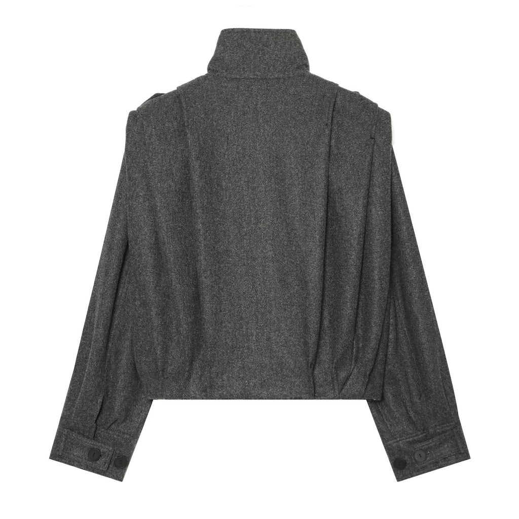 Women's pleated design standing collar woolen coat
