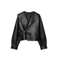 Women's metal buckle decorative lapel faux leather jacket