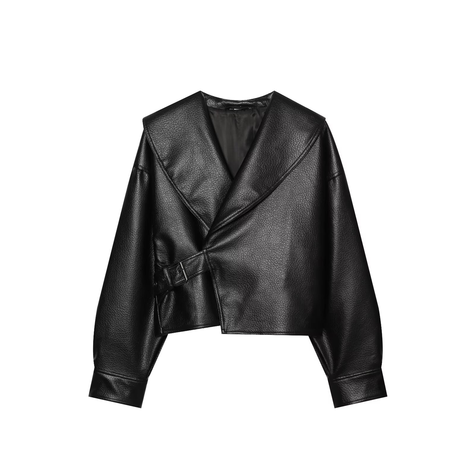 Women's metal buckle decorative lapel faux leather jacket