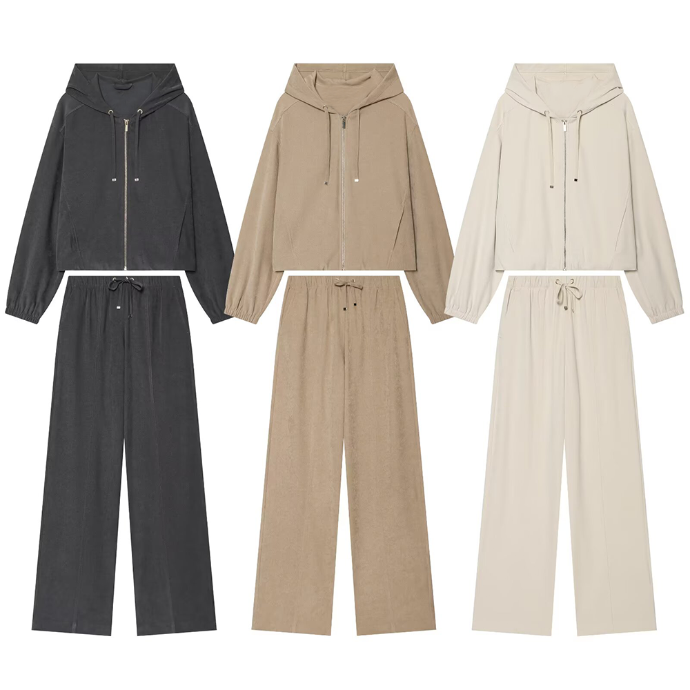 suit Women's 2 pieces long sleeved hooded zipper pilot jacket+wide leg pants