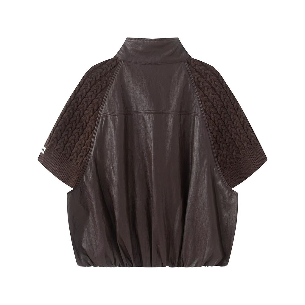 Women's casual knitted patchwork Faux Leather Coat