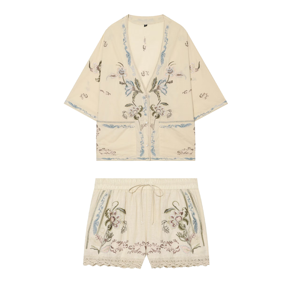 suit Women's 2 pieces short sleeved V-neck embroidered shirt+Shorts