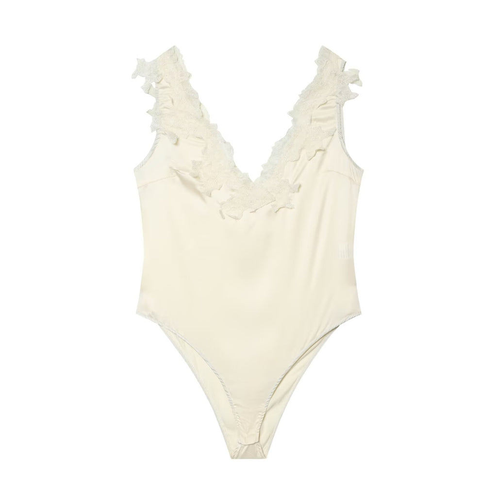 Women's lace decorated satin textured bodysuit