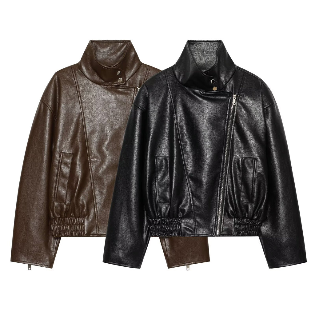 Women's large lapel imitation leather jacket Coat