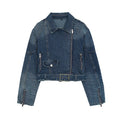 Women's belt decoration denim motorcycle style jacket Coat