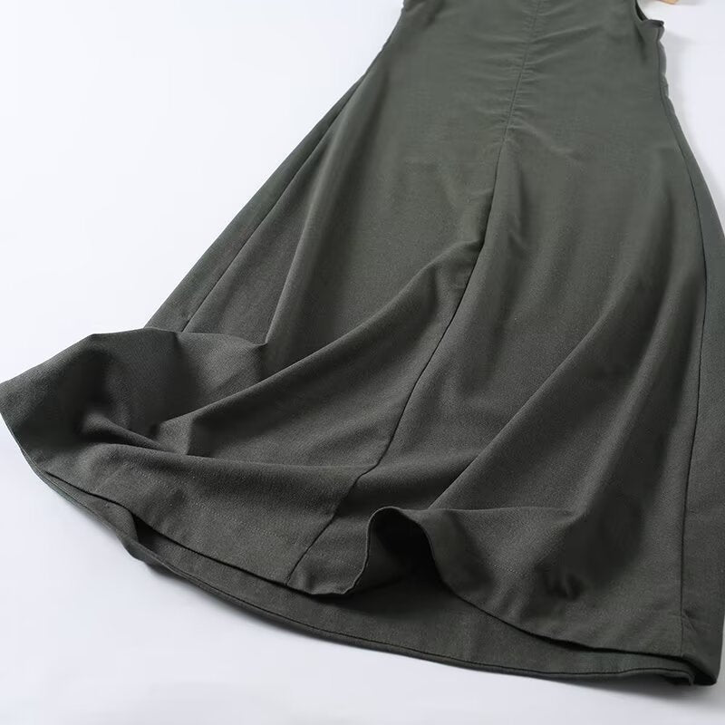 Women's solid sleeveless linen blended MIDI dress