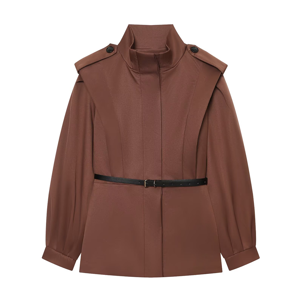 Women's With Belt slim stand collar windbreaker Coat