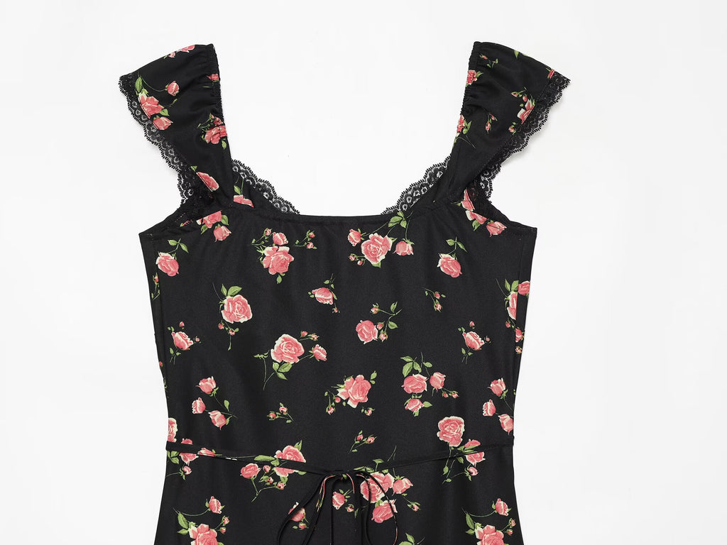 Women's lace decorated V-neck printed dress