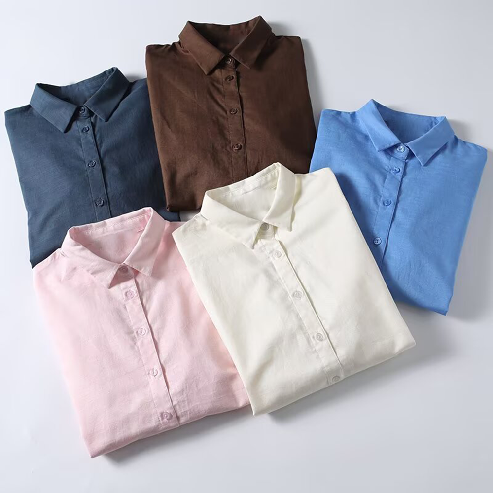 Women's solid color linen blend long sleeved shirt
