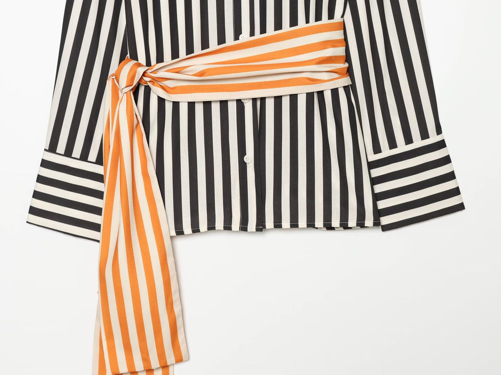 Women's patchwork waistband decorative striped shirt