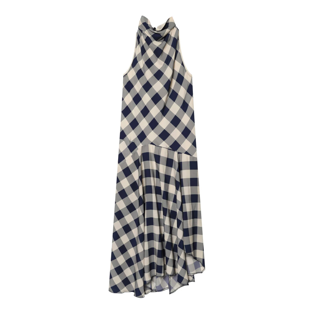Women's plaid hanging collar MIDI dress