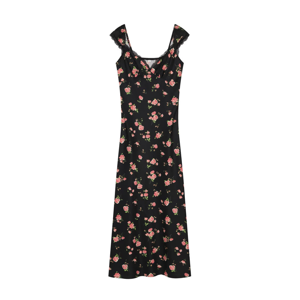 Women's lace decorated V-neck printed dress