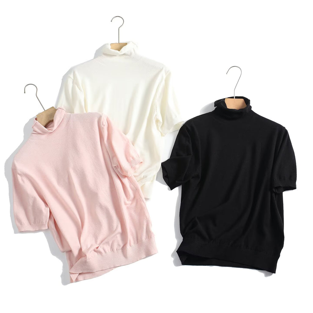 Women's Pile up collar Short Sleeve Knit Sweater