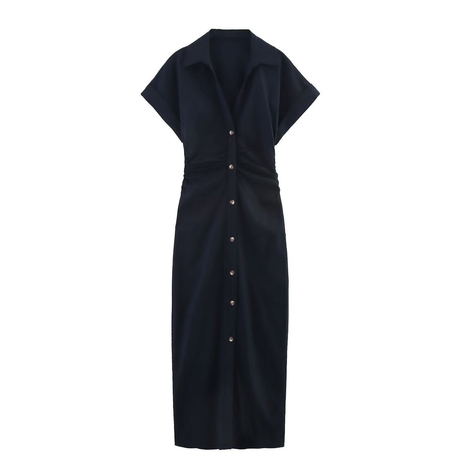 Women's new chic fashion pleated decoration slim single breasted linen blended MIDI dress retro short sleeved women's dress
