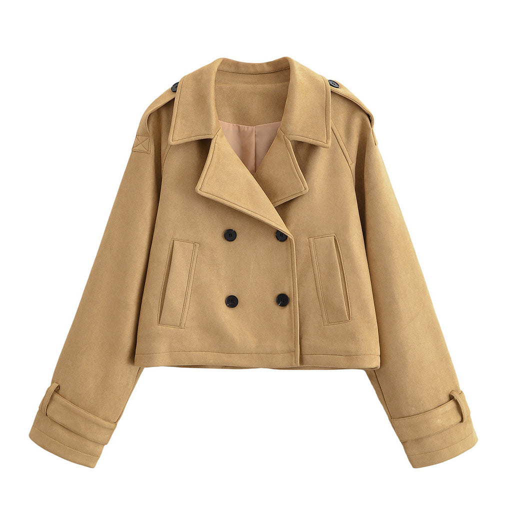 Women's new fashion lapel short double breasted Windbreaker coat