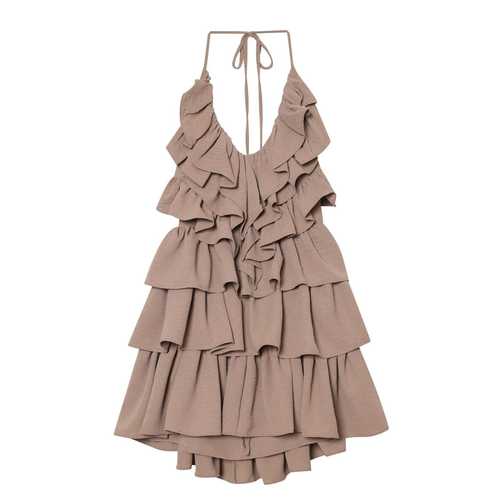 Women's layered decorative chiffon halter neck dress