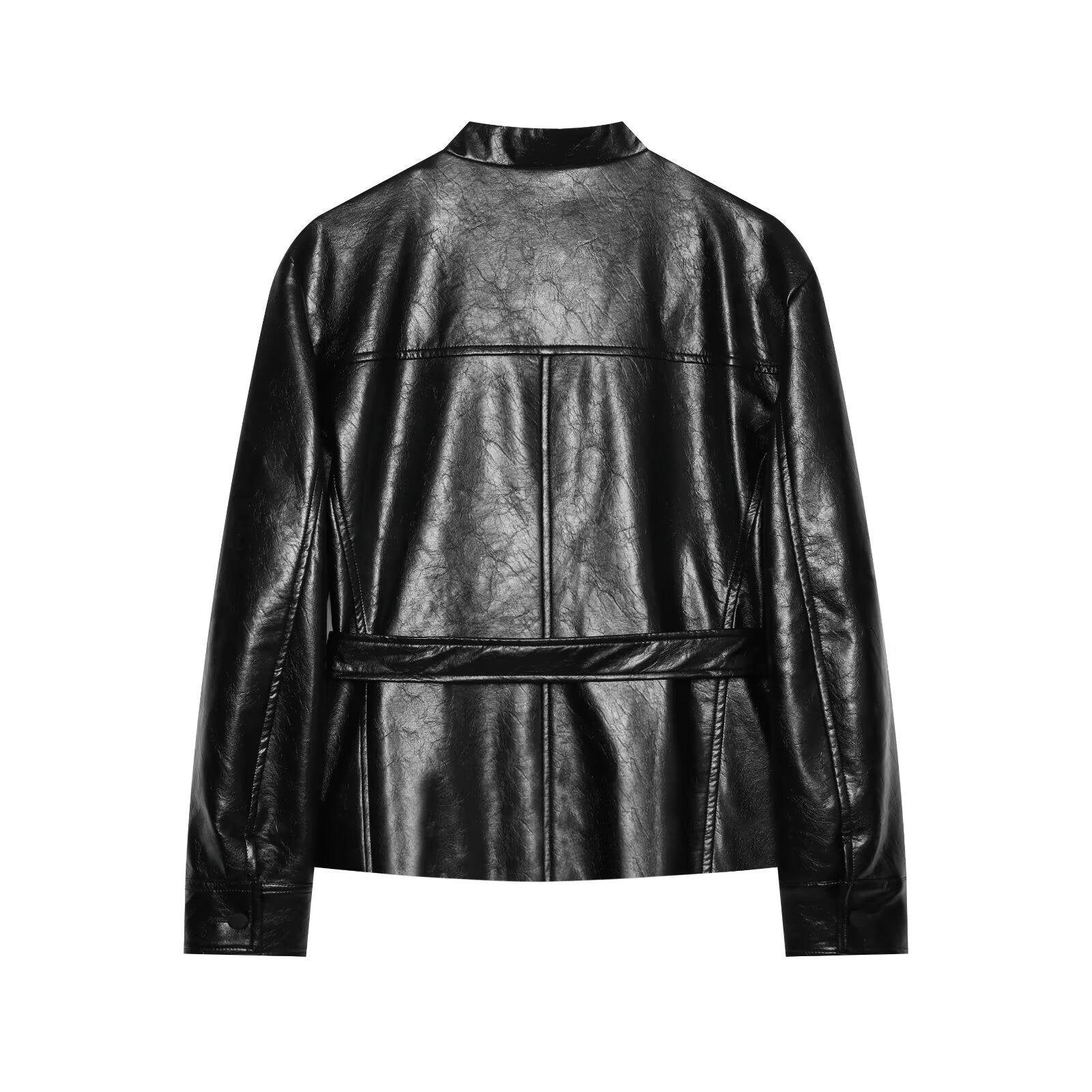 Women's with Belt Black Leather Effect Jacket