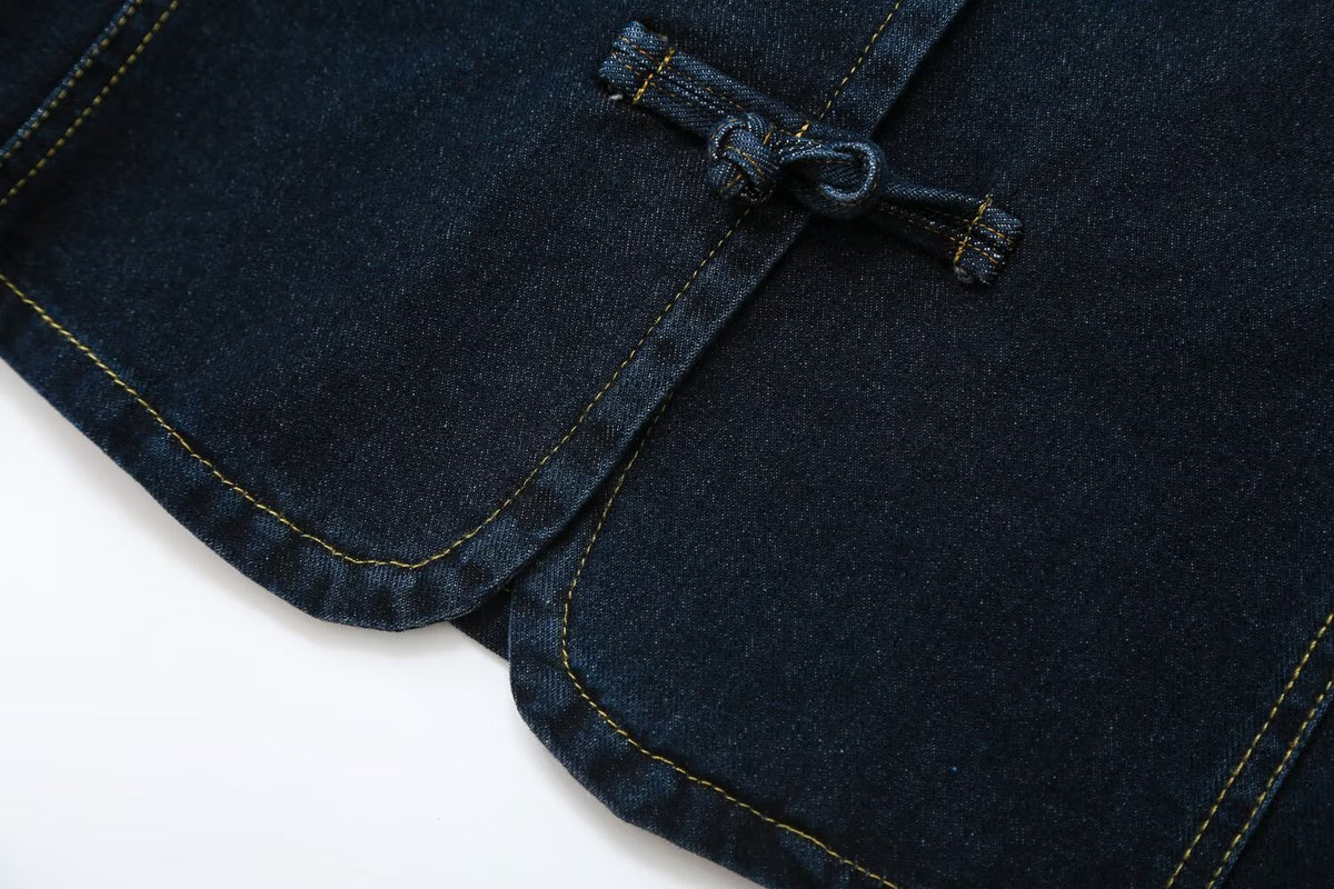 suit Women's 2 pieces slim rope knot buckle denim jacket Coat+jeans