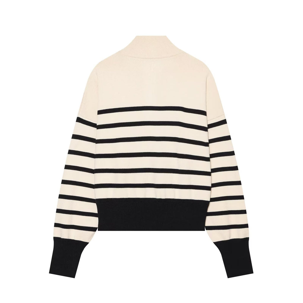 Women's soft textured zipper striped knitted sweater