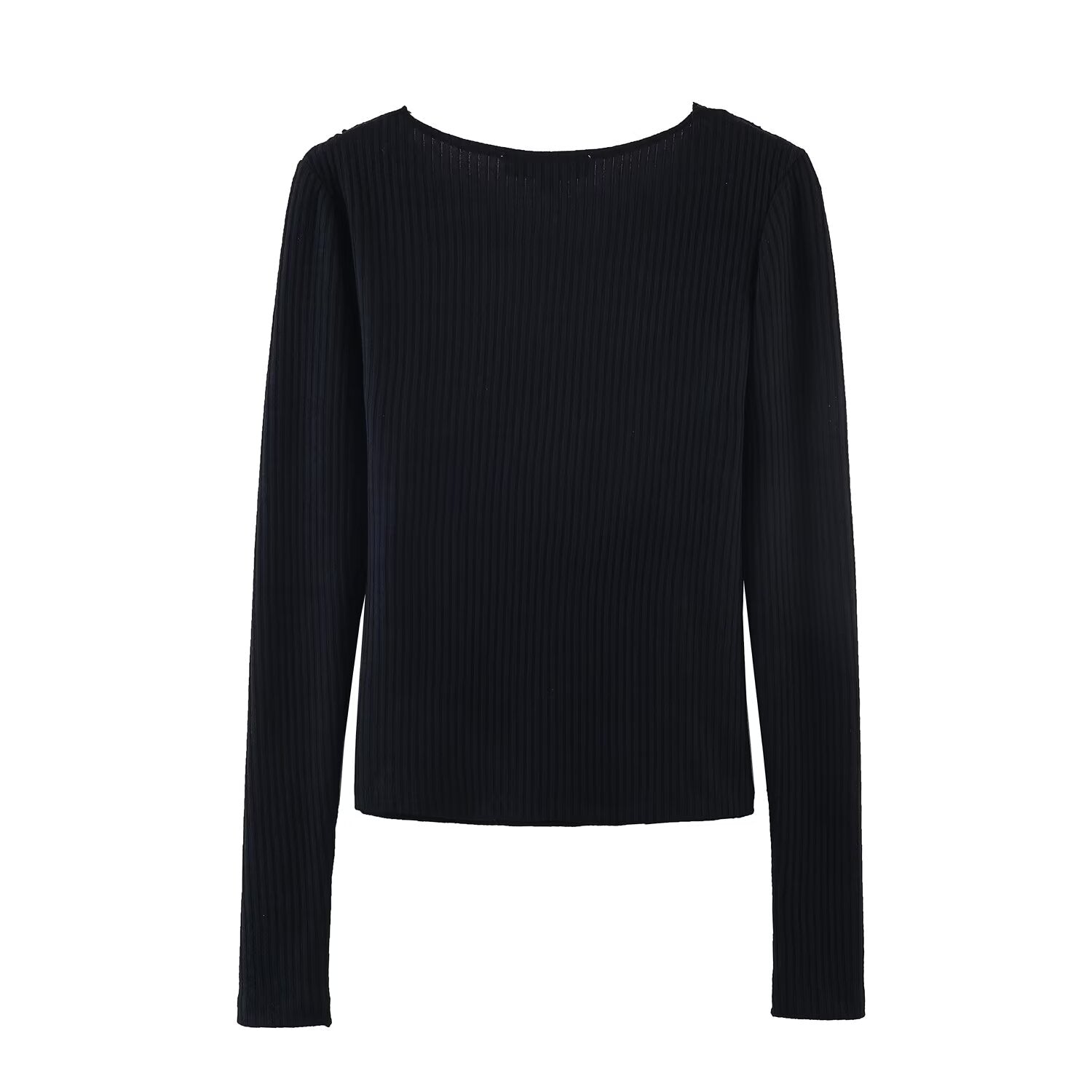 Women's slim V-neck ribbed patchwork top