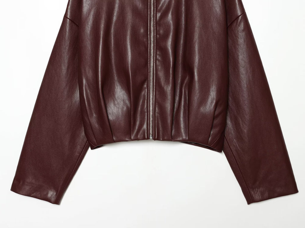 Women's casual versatile faux leather zipper Coat