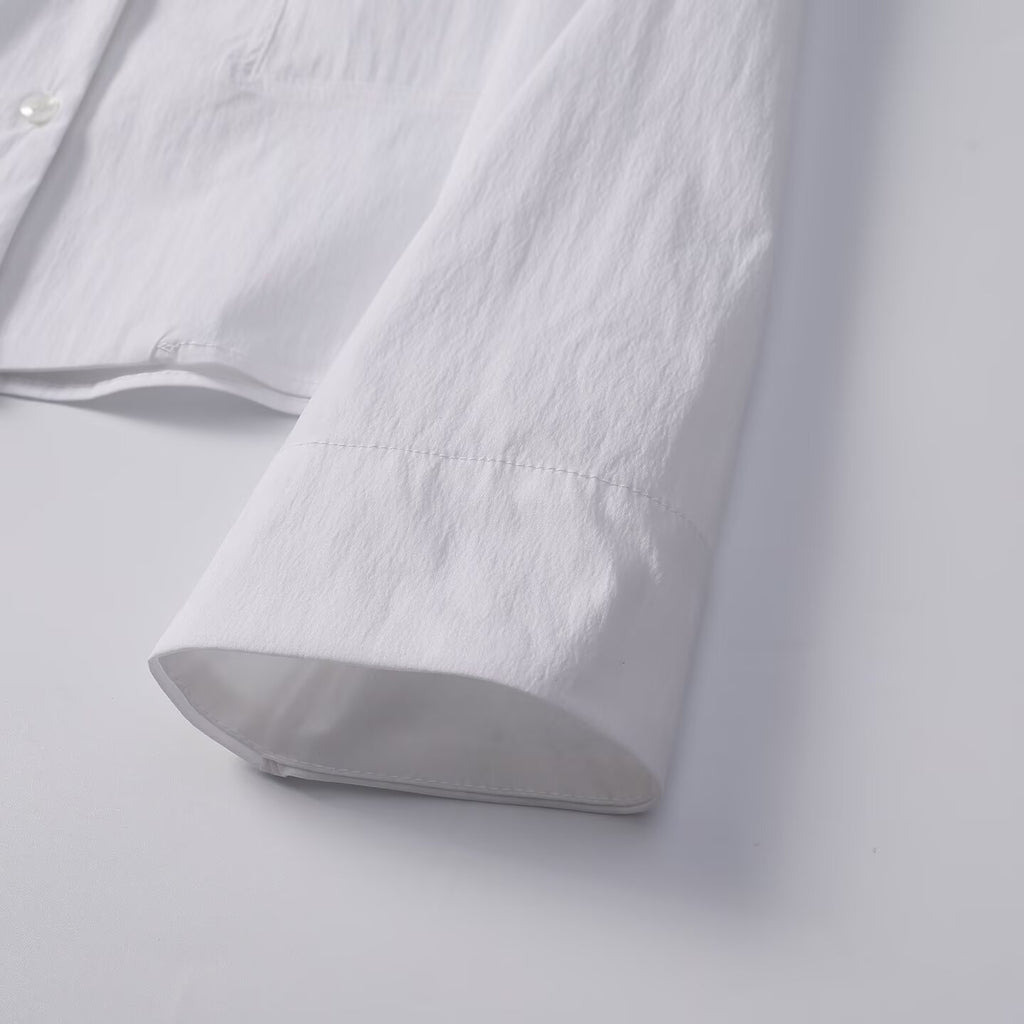 Women's slim collarless short poplin shirt