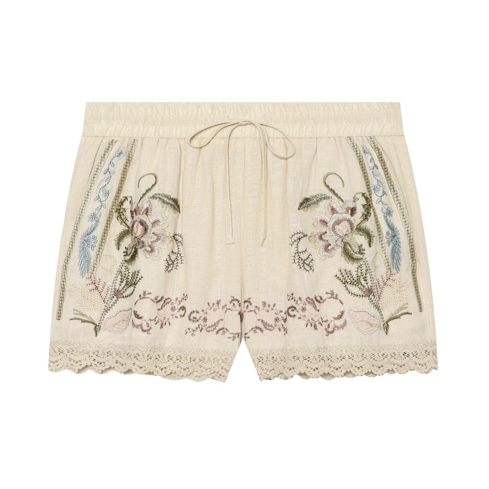suit Women's 2 pieces short sleeved V-neck embroidered shirt+Shorts
