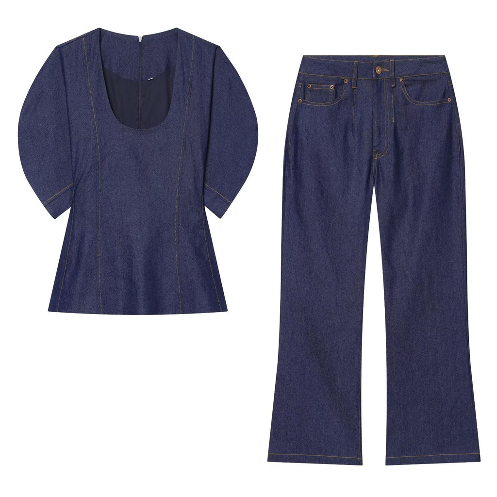 suit Women's 2 pieces O Neck bubble short sleeved denim shirt+jeans
