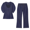 suit Women's 2 pieces O Neck bubble short sleeved denim shirt+jeans