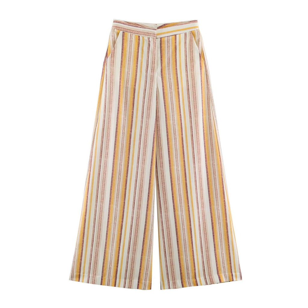suit Women's 2 pieces bow decoration linen blended striped top+Pants