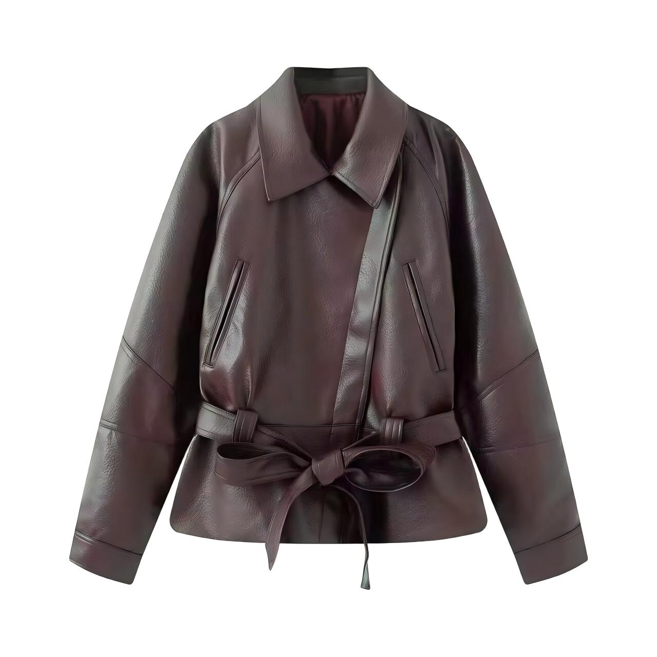 Women's with Belt faux leather windbreaker Coat