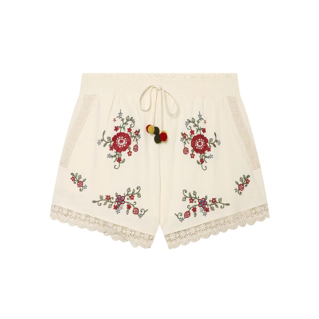 suit Women's 2 pieces floral embroidered lace up top+shorts