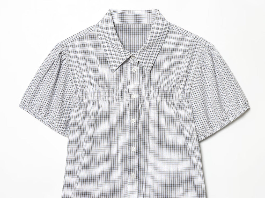Women's short sleeved plaid elastic poplin shirt